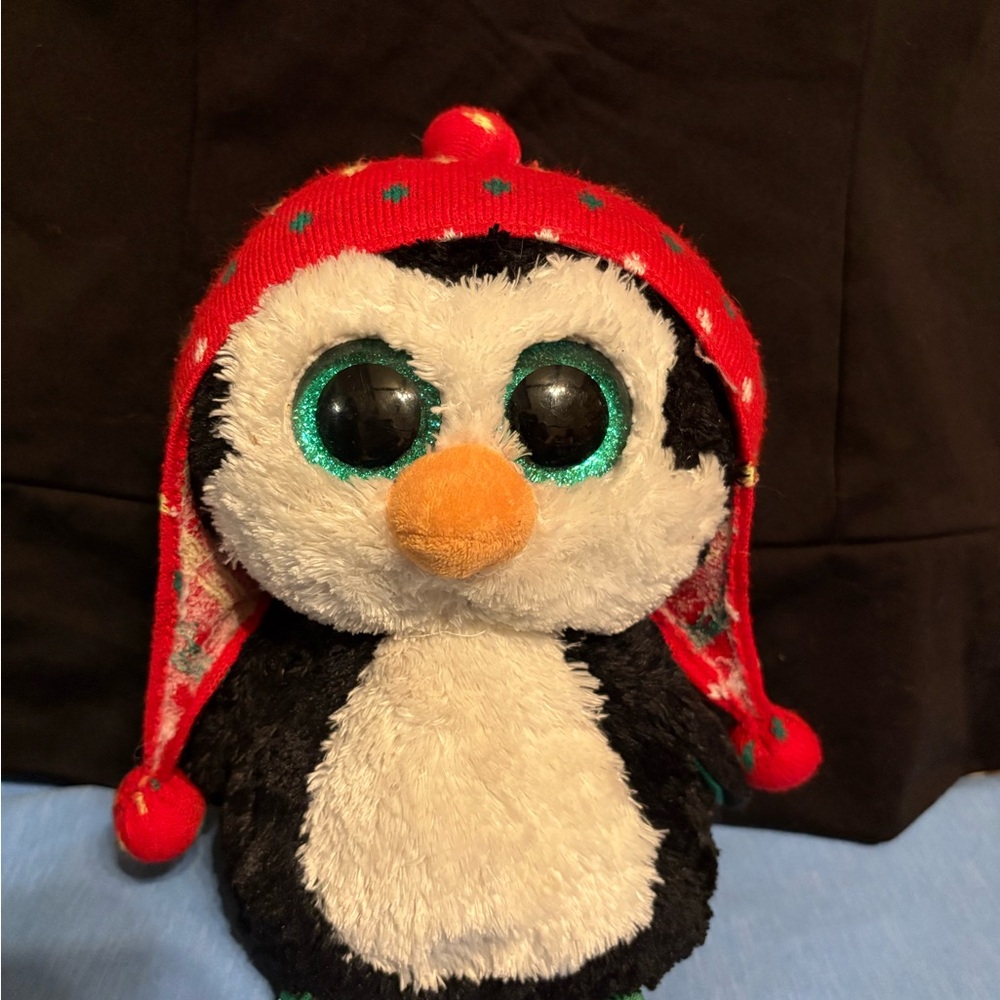 Ty Penguin Plush with Red Hat and Blue Eyes